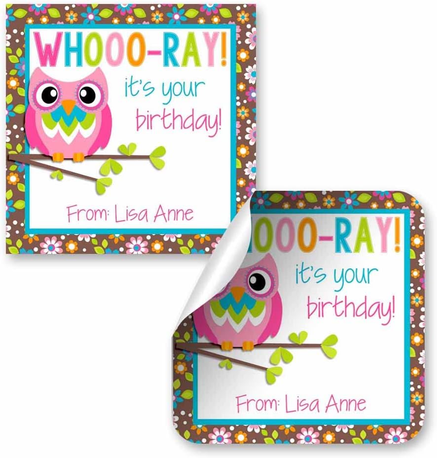 Custom & Personalized Colorful Floral Owl Happy Birthday Gift Tag Sticker Labels, 24 2.5" Square