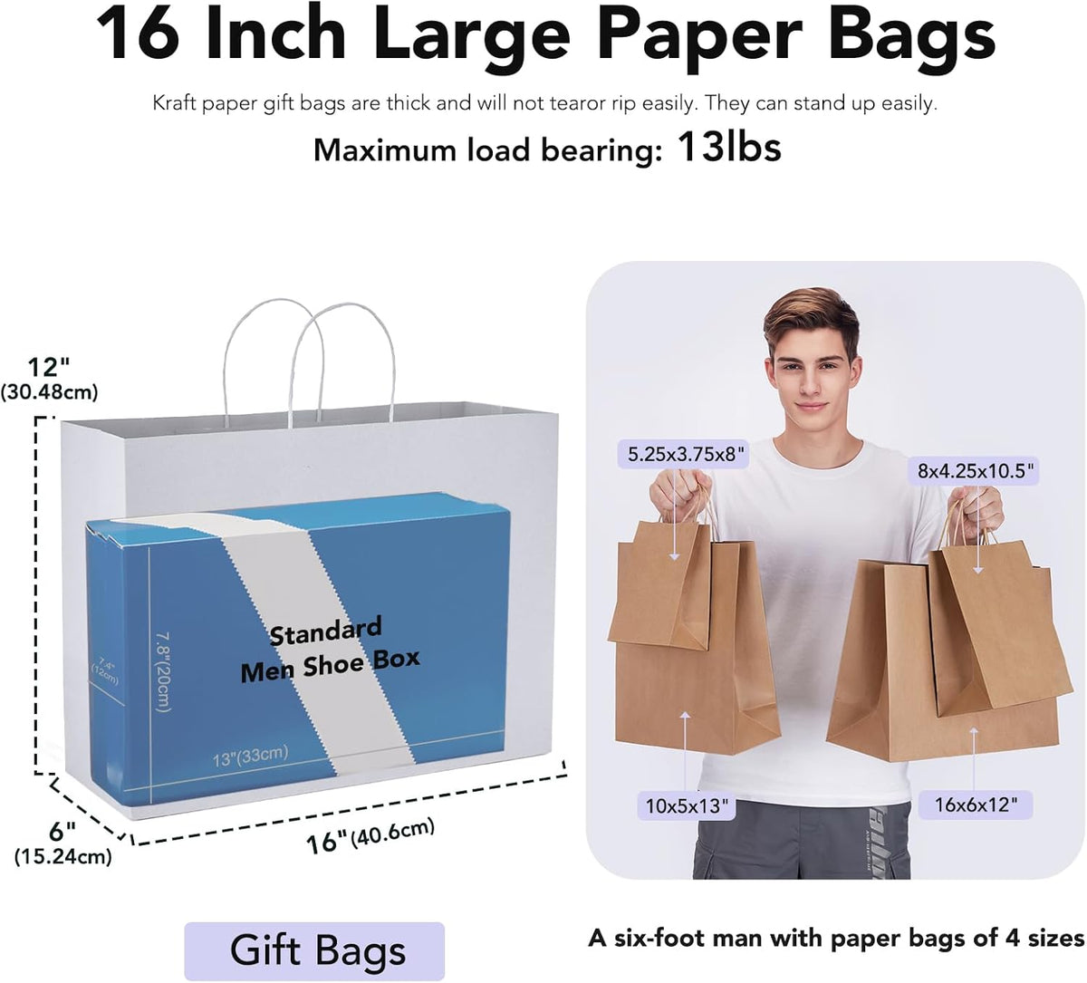 GSSUSA 16x6x12 Inches Large Paper Bags with Handles, 200Pc White Paper Gift Bag, Recyclable