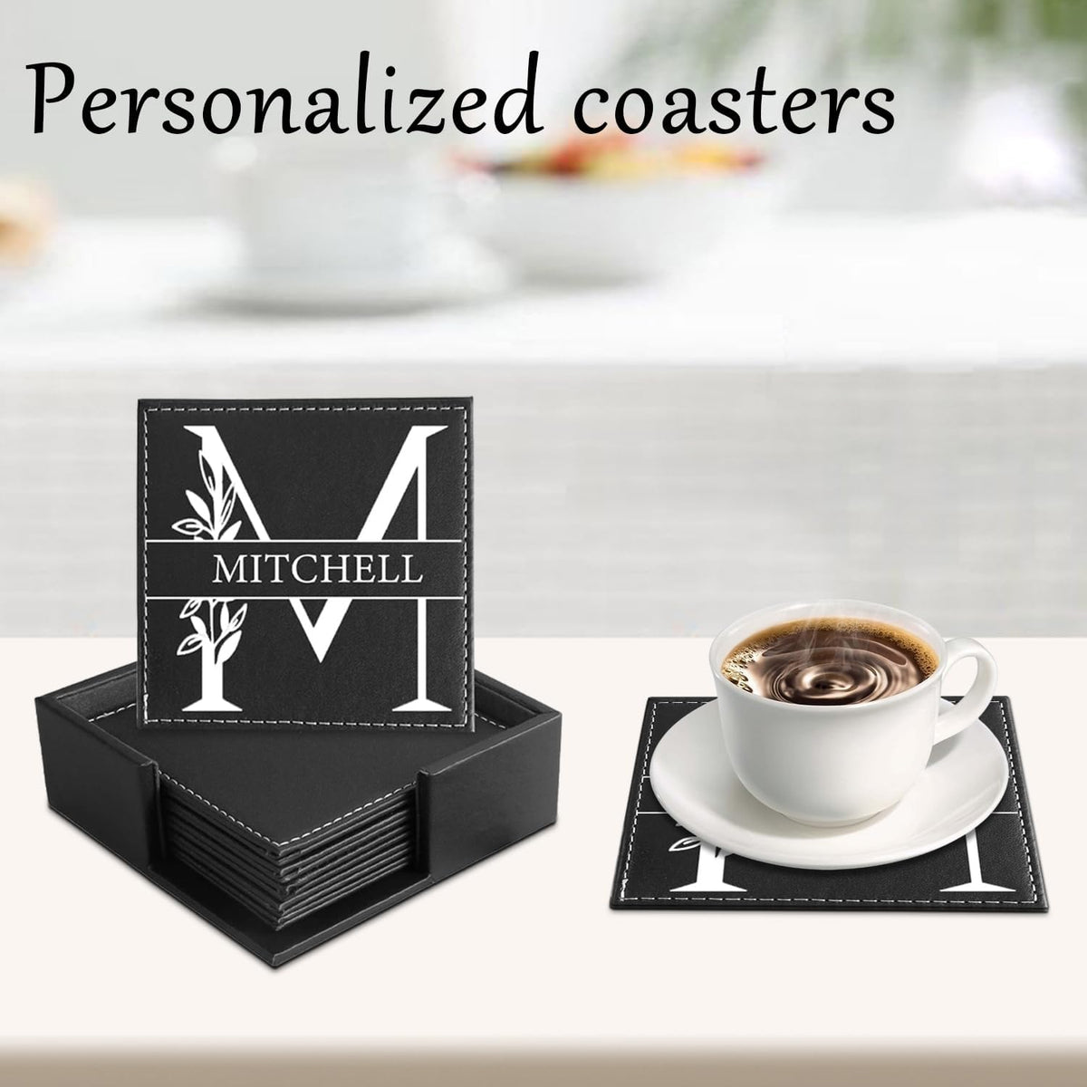 Custom Coasters Set of 6, Personalized Leather Coasters for Drinks with Holder, Customized Coasters
