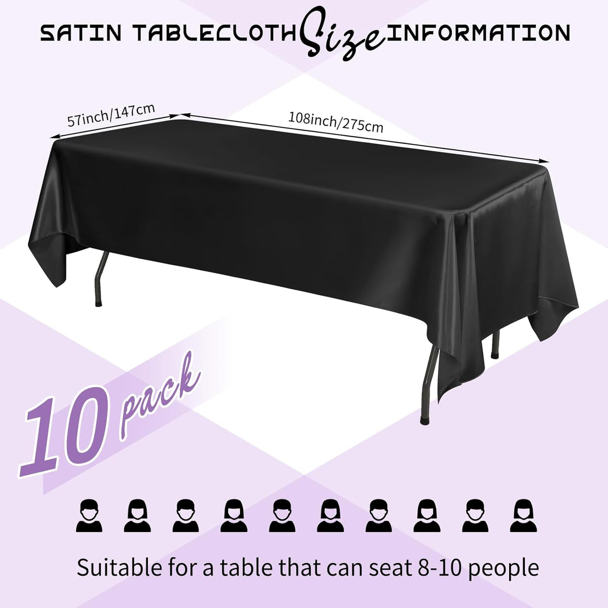 10 Packs Satin Tablecloth 57 x 108 Inch Black Rectangular Table Cloth Silk Tablecloth Smooth Fabric