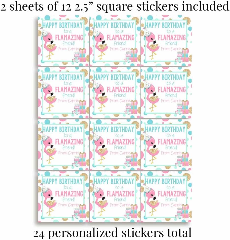 Custom & Personalized FLAMAZING Flamingo Happy Birthday Gift Tag Sticker Labels, 24 2.5" Square