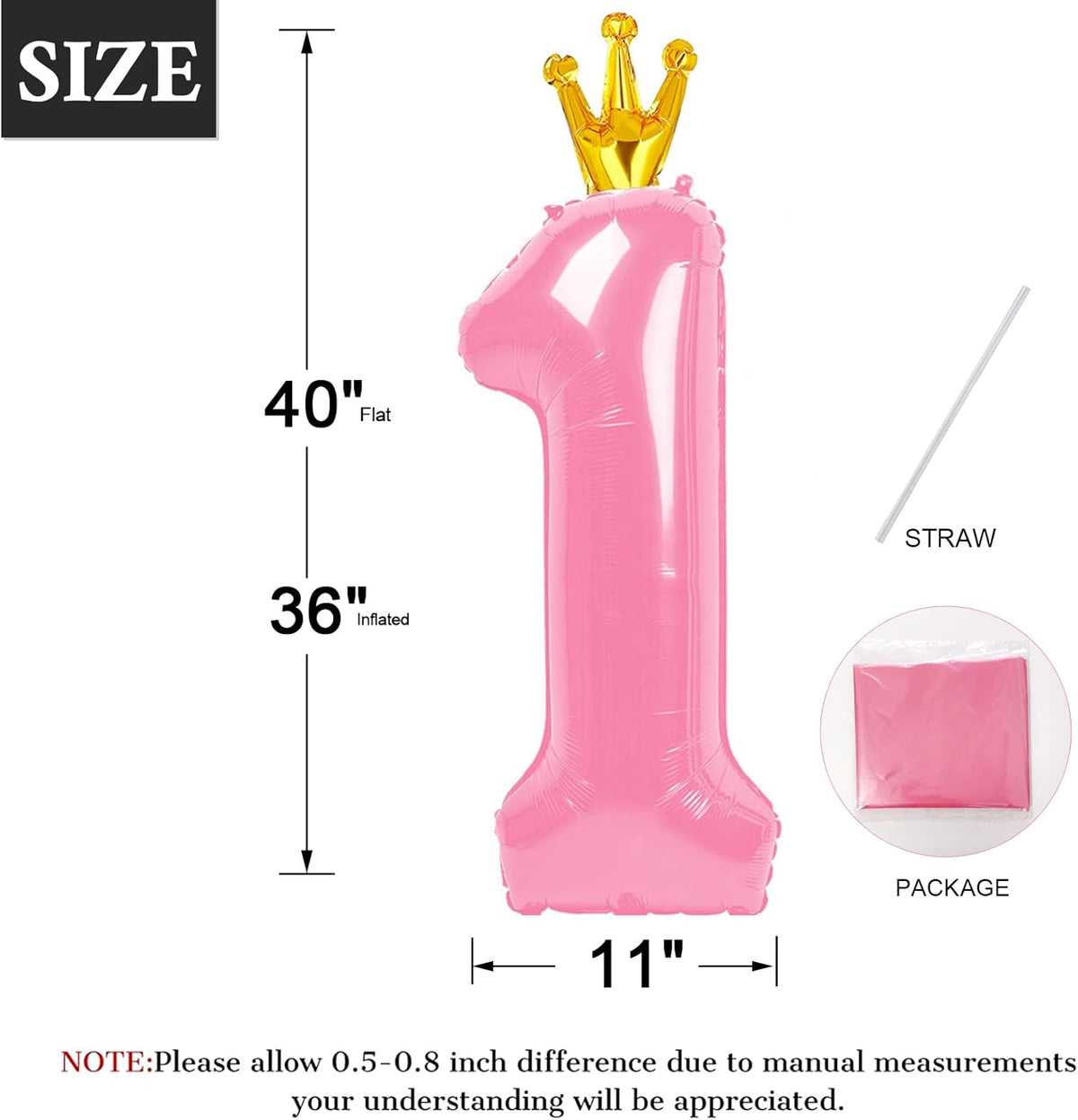 40 Inch Pink Number Balloon 0-9(Zero-Nine) with Crown, Big Size Happy Birthday Balloon, Foil Helium
