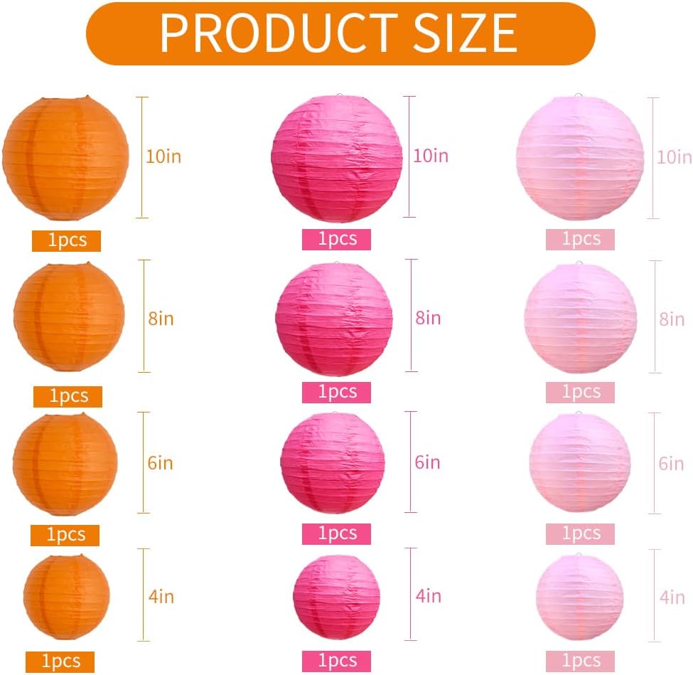 BEISHIDA 12Pcs Pink Orange Paper Lanterns Decorative Hanging Round Paper Lanterns Lamp for