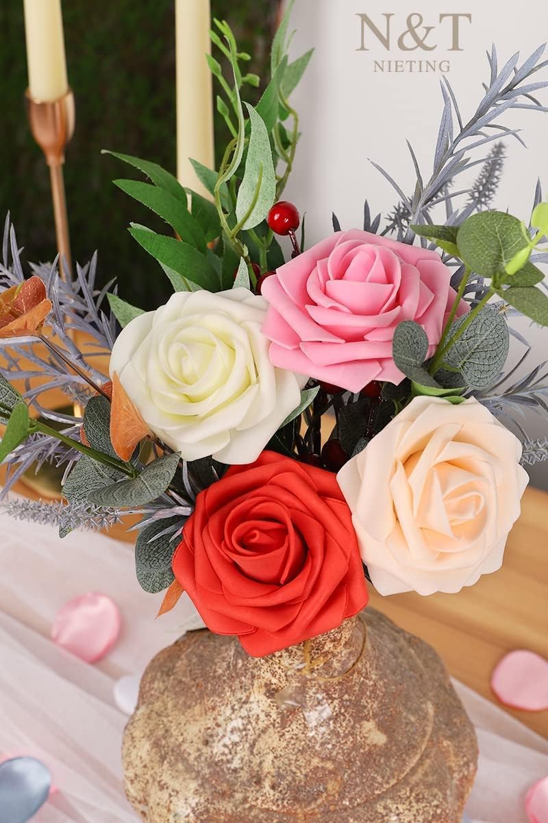 N&T NIETING Artificial Flowers 25pcs Real Looking Artificial Roses with Stems for Valentine's Day