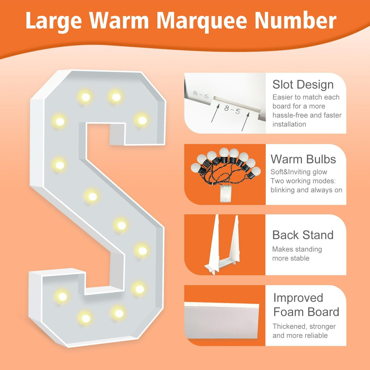 Marquee Light Up Letter S, Light Up Letters Art Craft Kit for Party Decorations, 4FT White Foam
