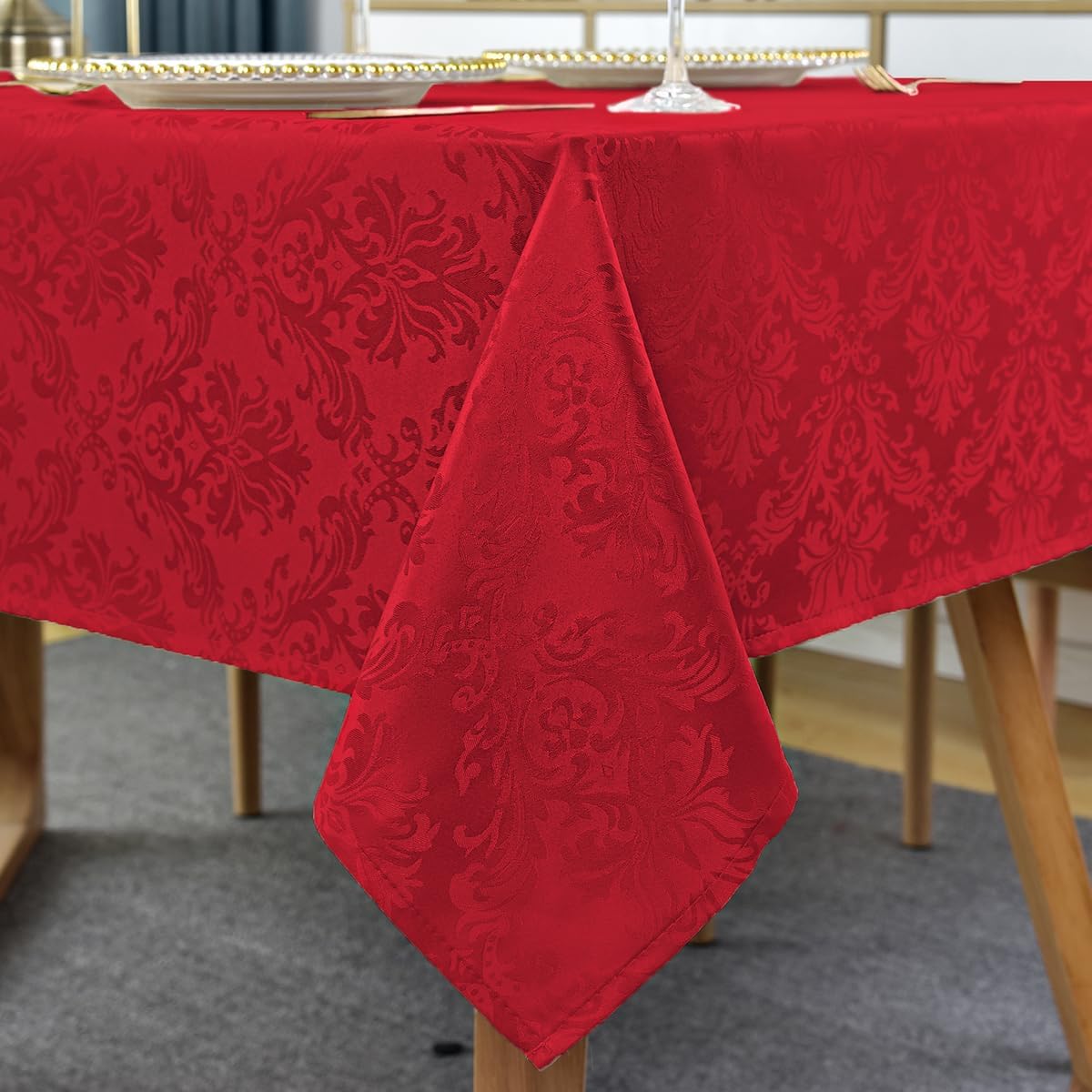 Jacquard Christmas Tablecloth Rectangle 52 x 70 Inch, Waterproof Wrinkle Free Floral Damask Table