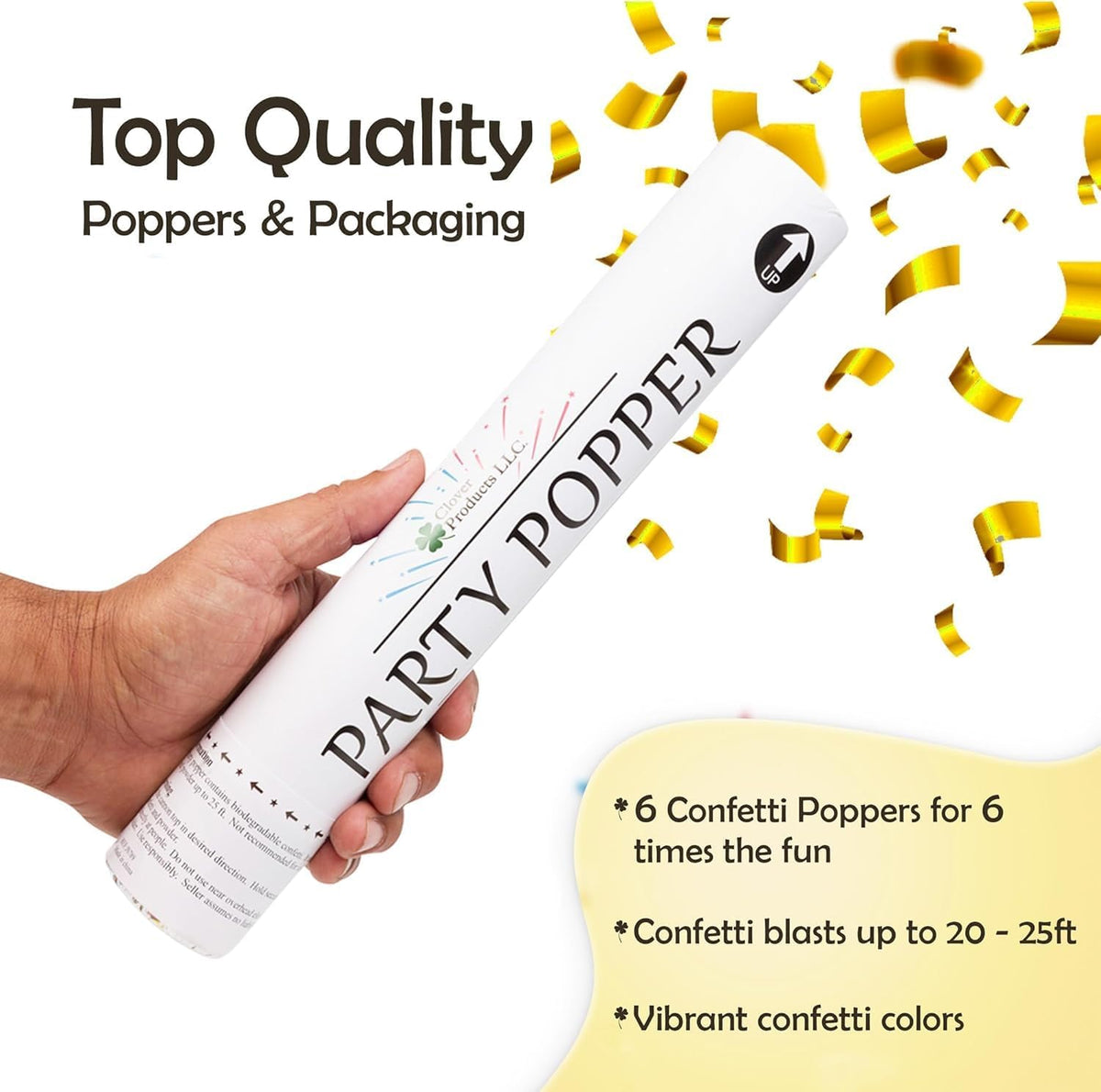 Confetti Cannons 12" – 6 Pack Gold Mylar Confetti Poppers | Party Poppers for Weddings, Birthdays