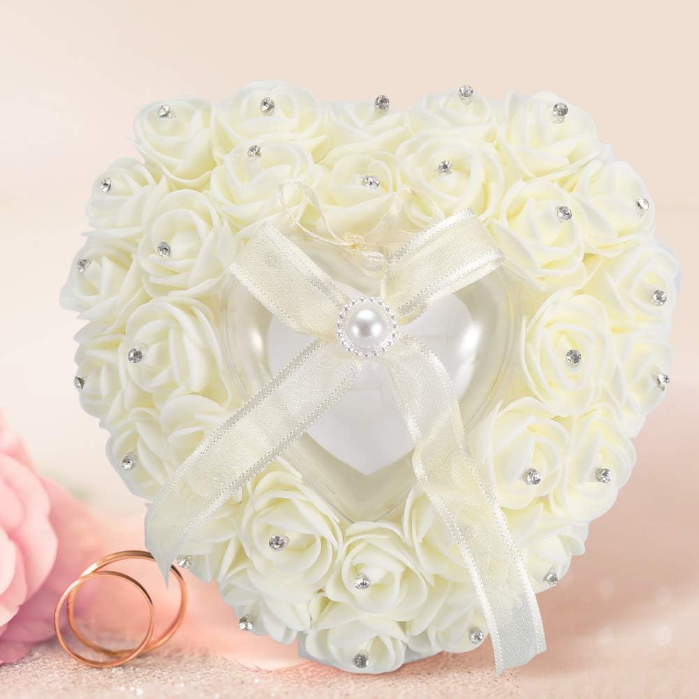 Hilitand Wedding Cushion Pillow Romantic Heart Shaped Wedding Box Rose Rhinestone Decorative