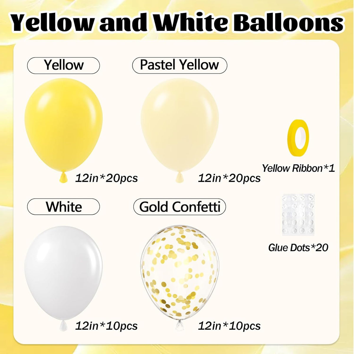 60pcs Yellow and White Balloons 12inch with Pastel Yellow White Gold Confetti Balloons for Bee