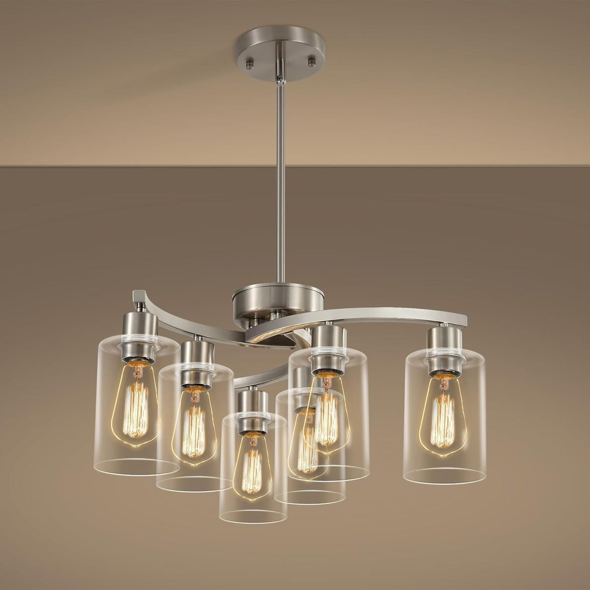 6-Light Brushed Nickel Chandeliers for Dining Room Light Fixtures Over Table, Adjustable Height