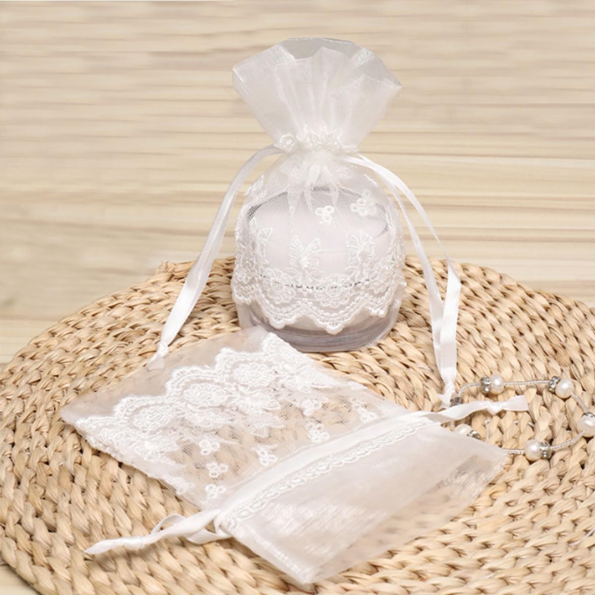 Ewanda store 10Pcs Lace Organza Drawstring Bags White Butterfly Lace Bag for Wedding Christmas