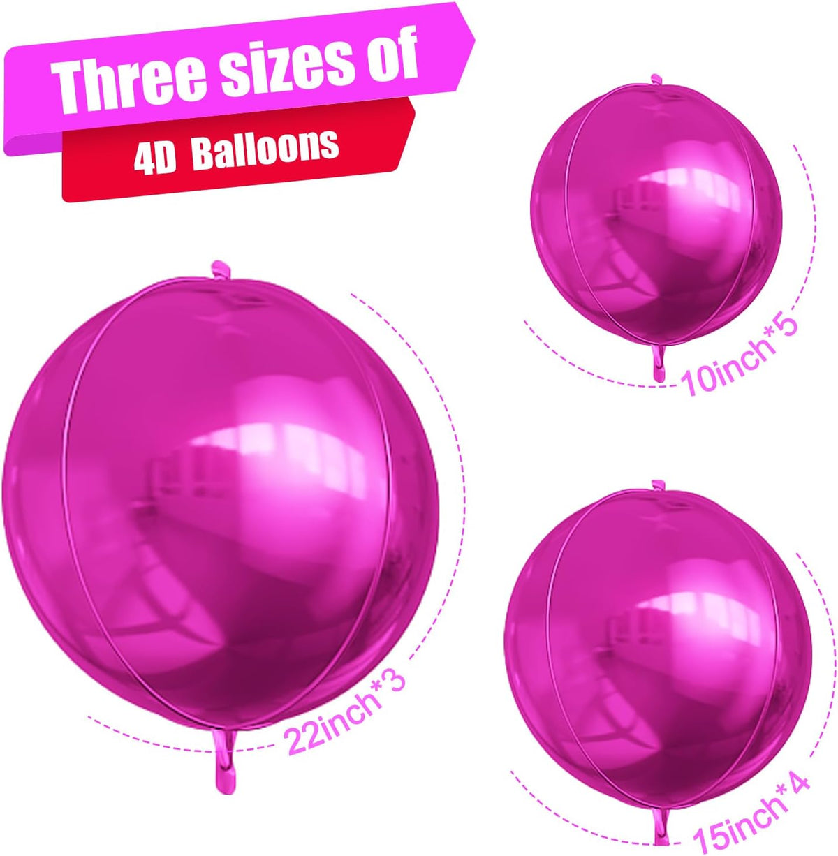 12Pcs Hot Pink Round Foil Balloons, 22" 15" 10" 4D Helium Ball Balloon, Metallic Pink Foil Balloon