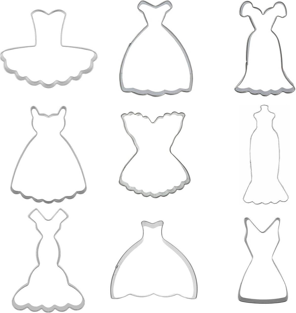 Mini Dress Cookie Cutter Set of 9 pcs, Stainless Steel Mini ONE-BITE SIZE Wedding Dress Shaped