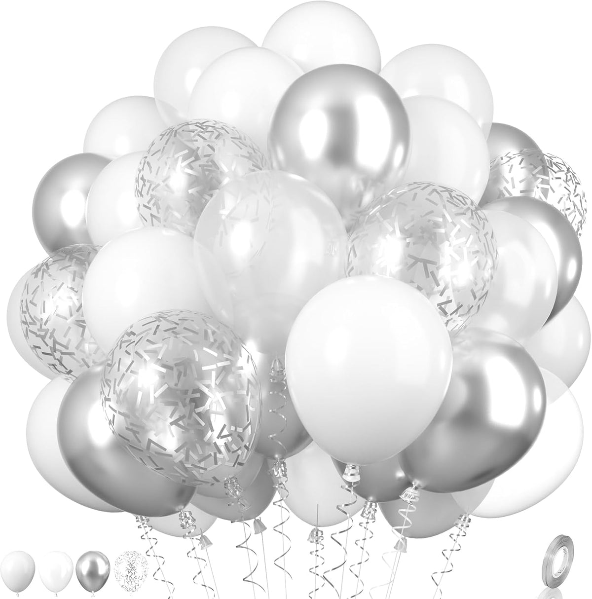White and Silver Balloons, Metallic Silver and White Balloons Pearl White Silver Party Balloons