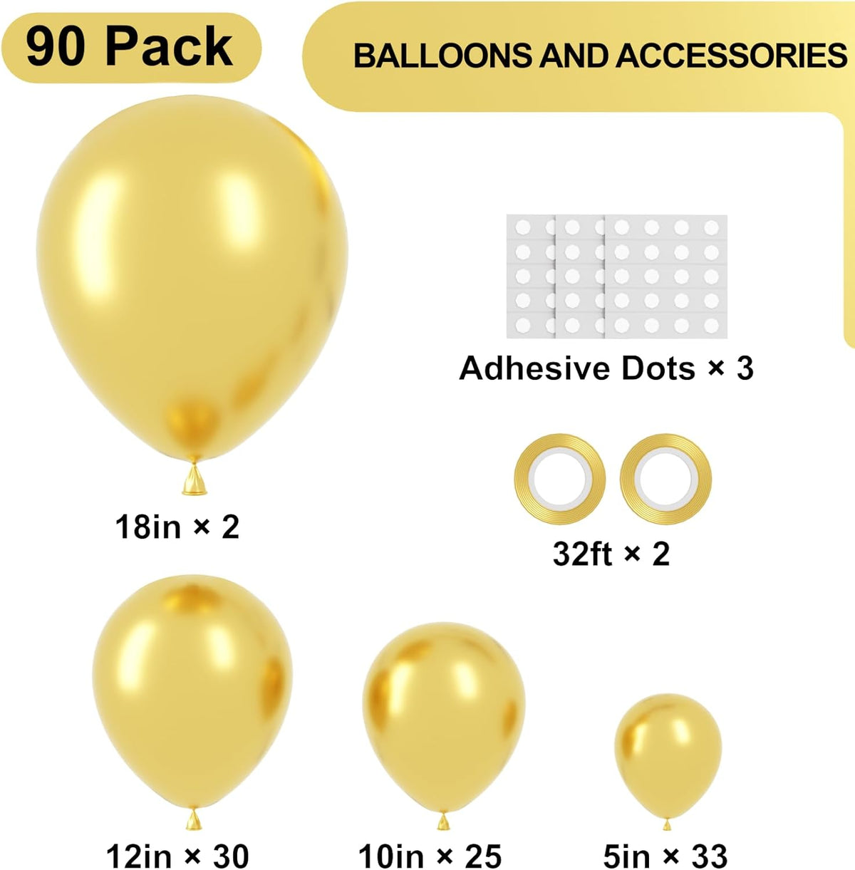 90pack Metallic Gold Balloons Different Size 18/12/10/5 Inch Chrome Gold Balloon Garland Arch Kit