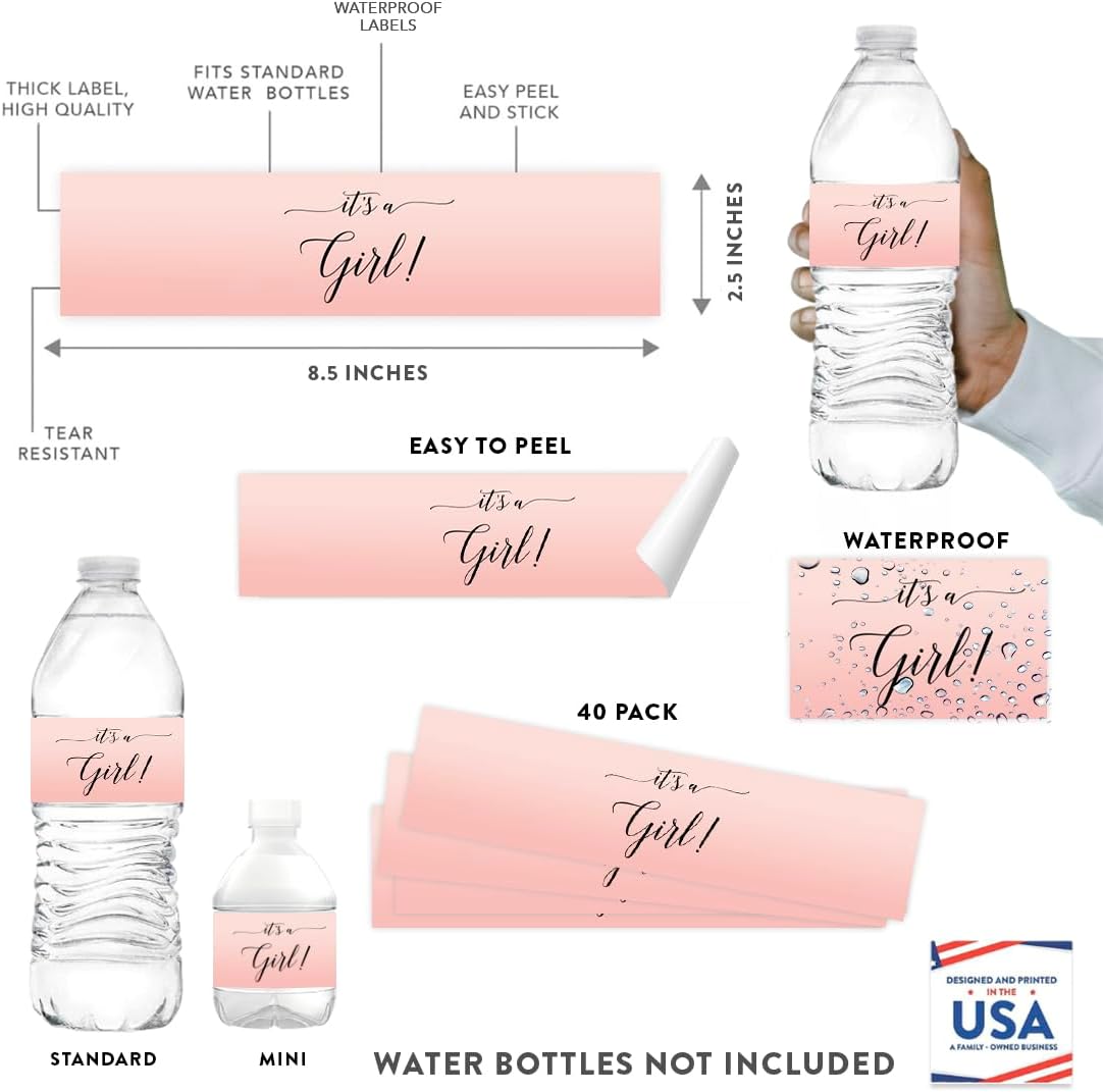Andaz Press Blush Pink Rose Elegant Party Baby Shower Collection, Waterproof Water Bottle Labels