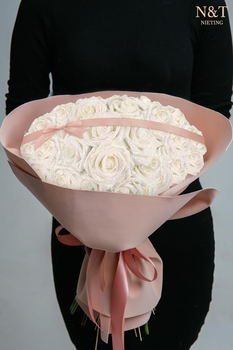 N&T NIETING Artificial Flowers Glowing White Flowers Foam 50pcs Glitter Roses Real Looking Fake