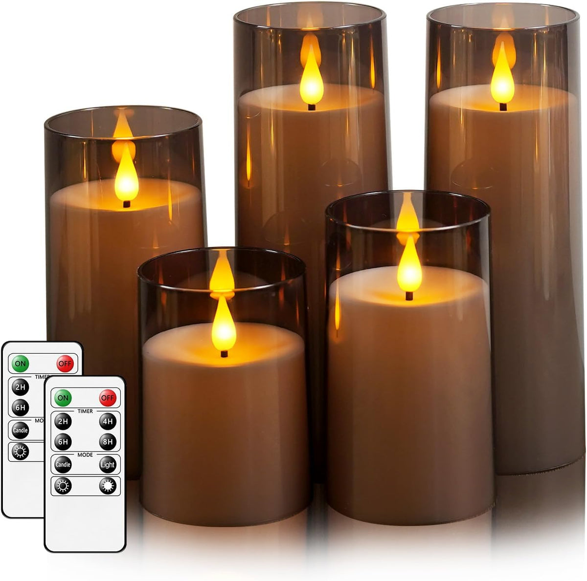 Fo32won Grey LED Flameless Pillar Candles Battery Operated with Remote and Timer, Set of 5 (D 3"×H