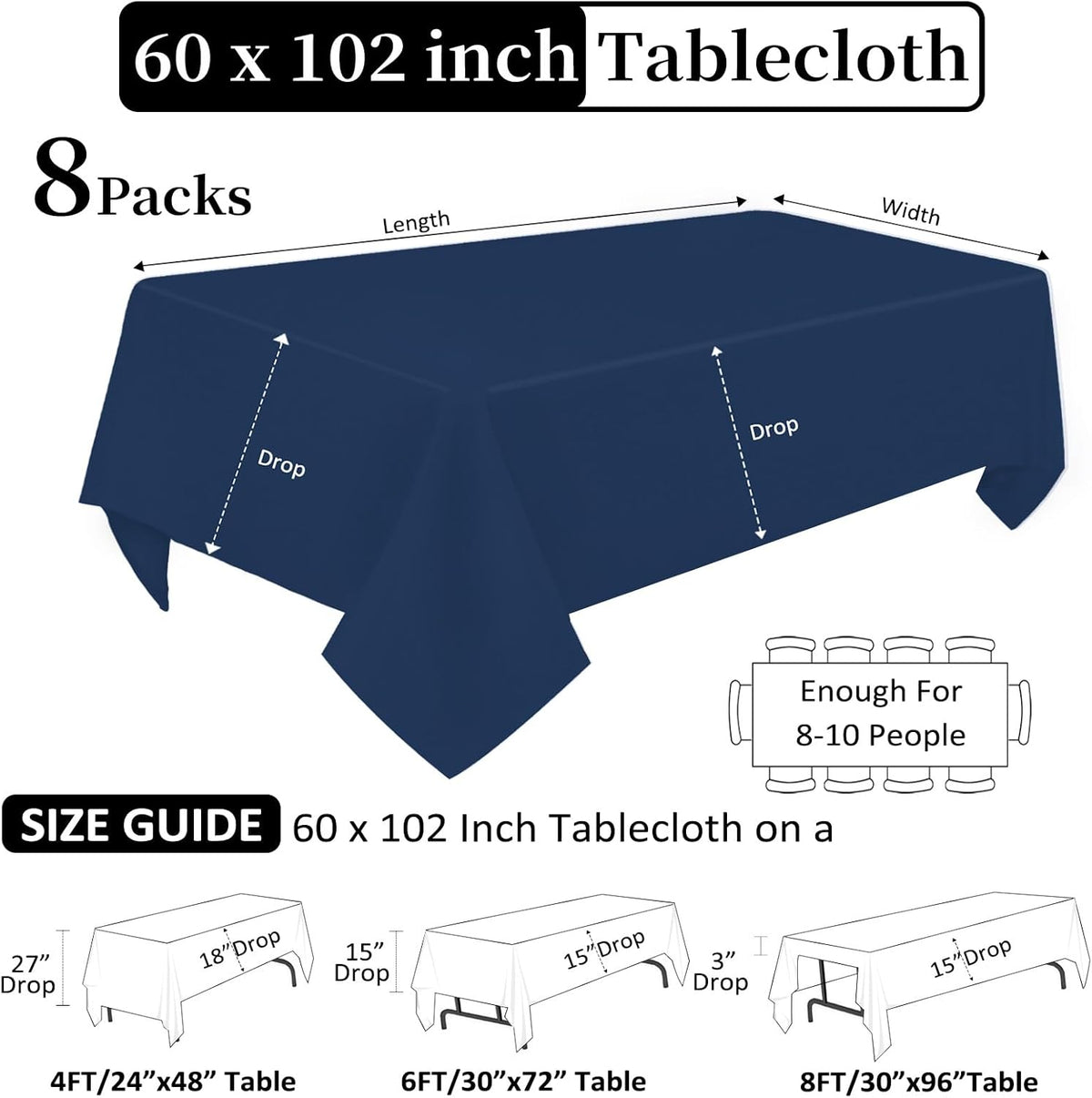 8 Pack Navy Blue Tablecloth 60 x 102 Inch Rectangular Tablecloths for 6 Foot Rectangle Tables