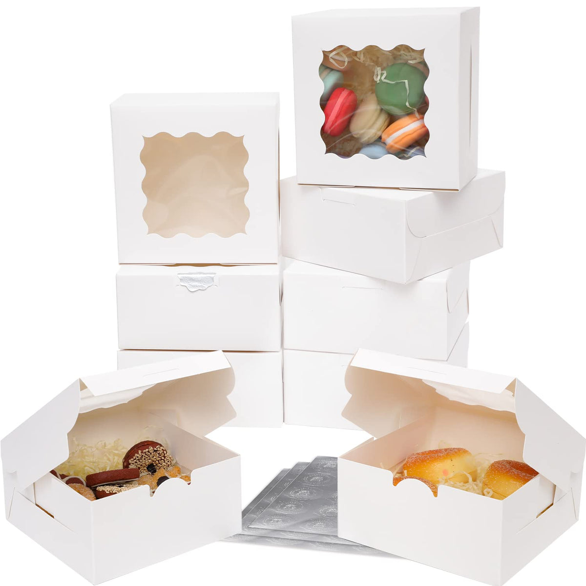 Bakepacker 60pcs White Bakery Boxes with Window 6x6x3 inches Thick & Sturdy Macaroon Pastry &
