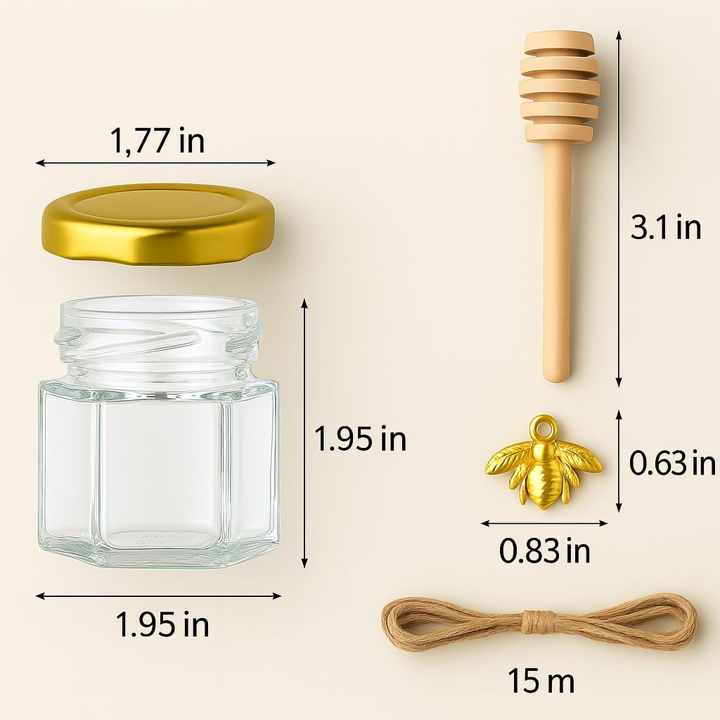 50 Pack 1.5 oz Hexagonal Honey Jars for Honey with Wooden Dipper bee Charms Thank You Cards Burlap