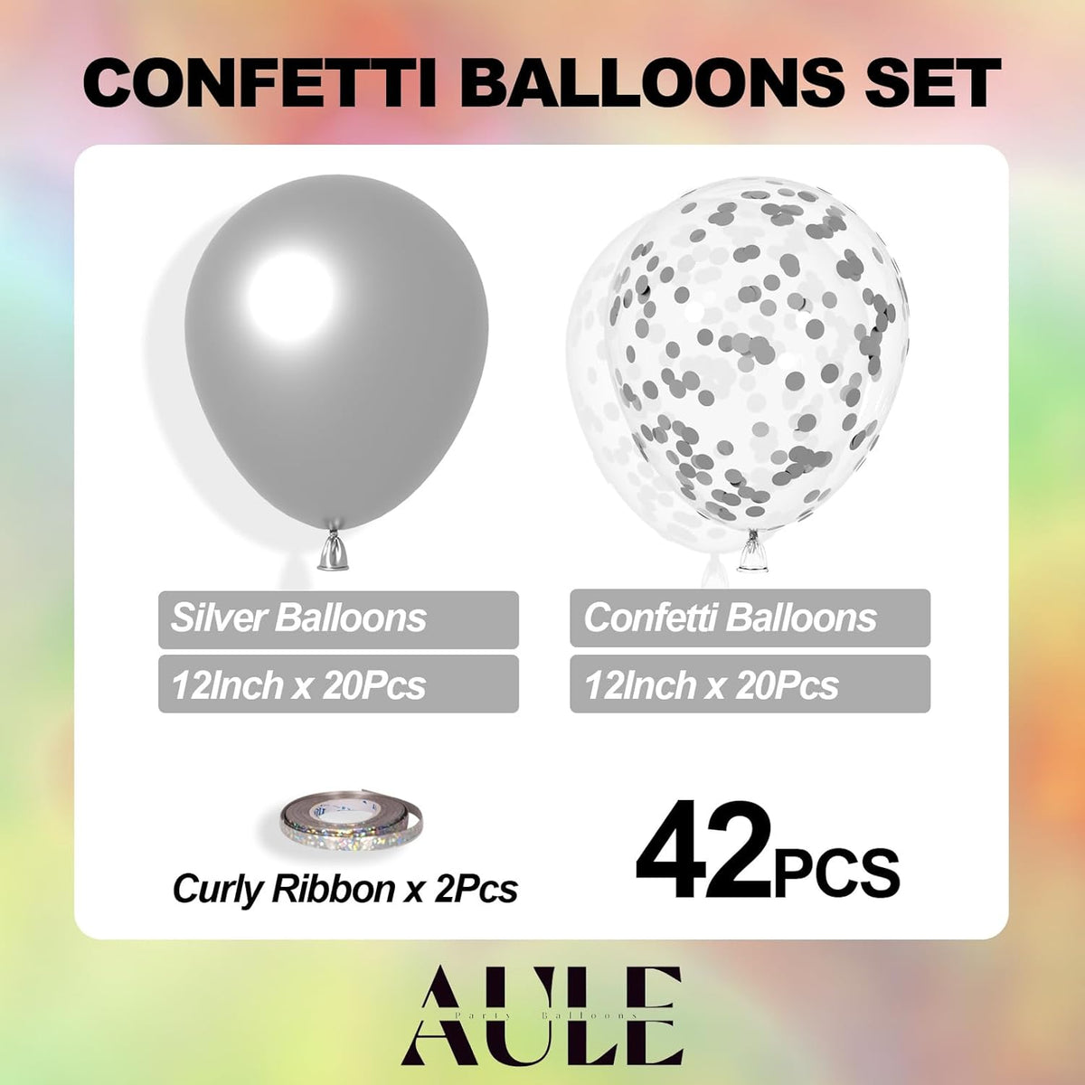 AULE Party Balloons Pack of 42 - Metallic Balloons & Confetti Balloons and 64ft Ribbons - 12 Inch