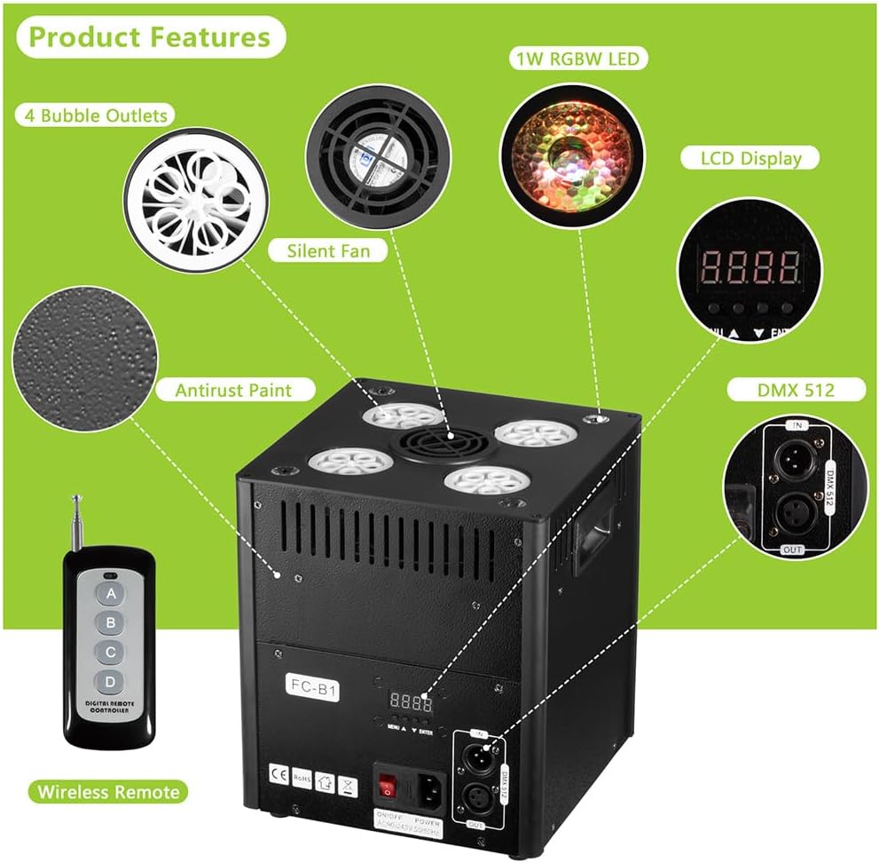 Stage Bubble Machine with Lights, DMX Control, Wireless Remote - Perfect for Weddings, Commercial