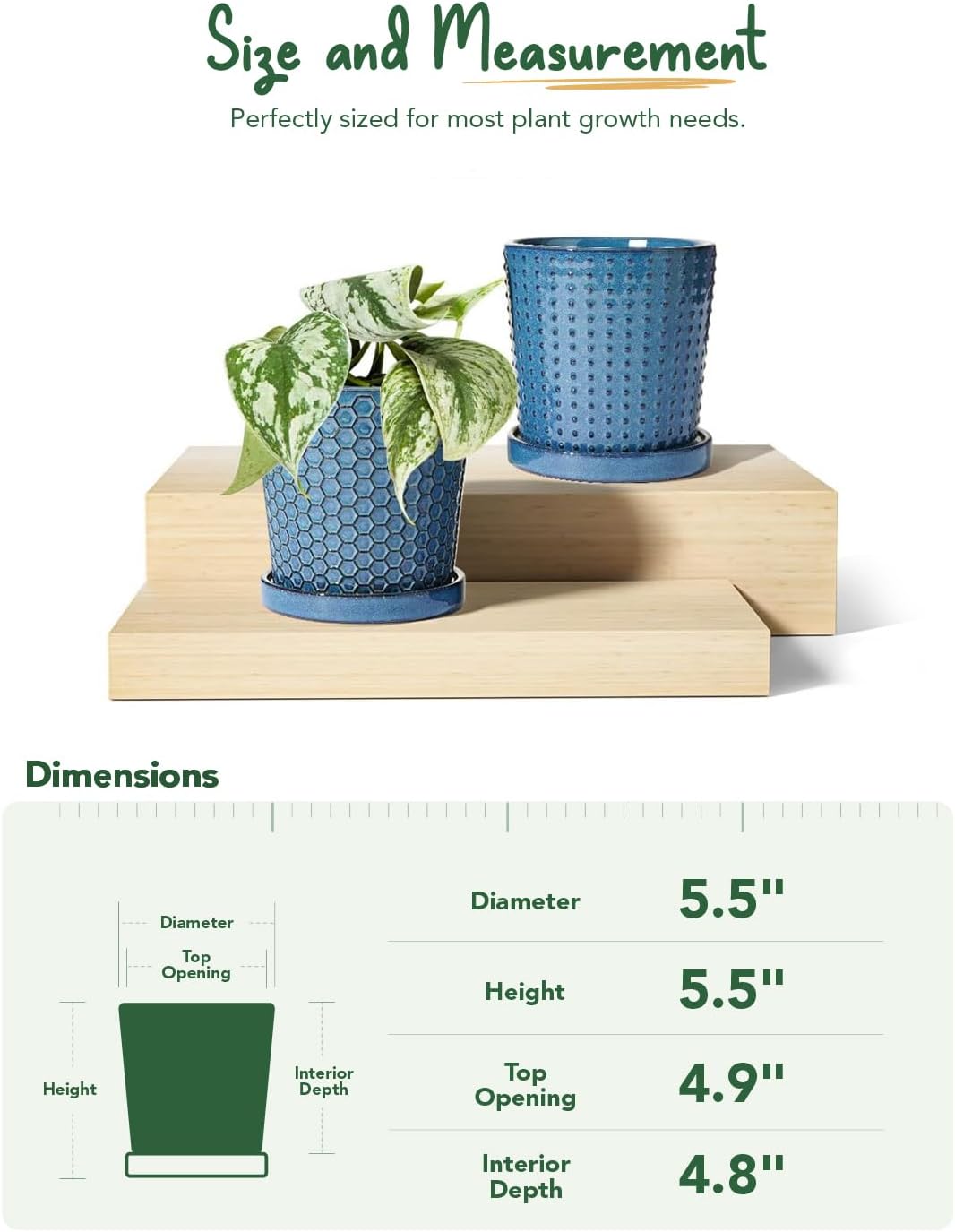LE TAUCI Ceramic Pots for Plants, 5.5 Inch Plant Pots with Drainage and Saucer, Indoor Plant Pots