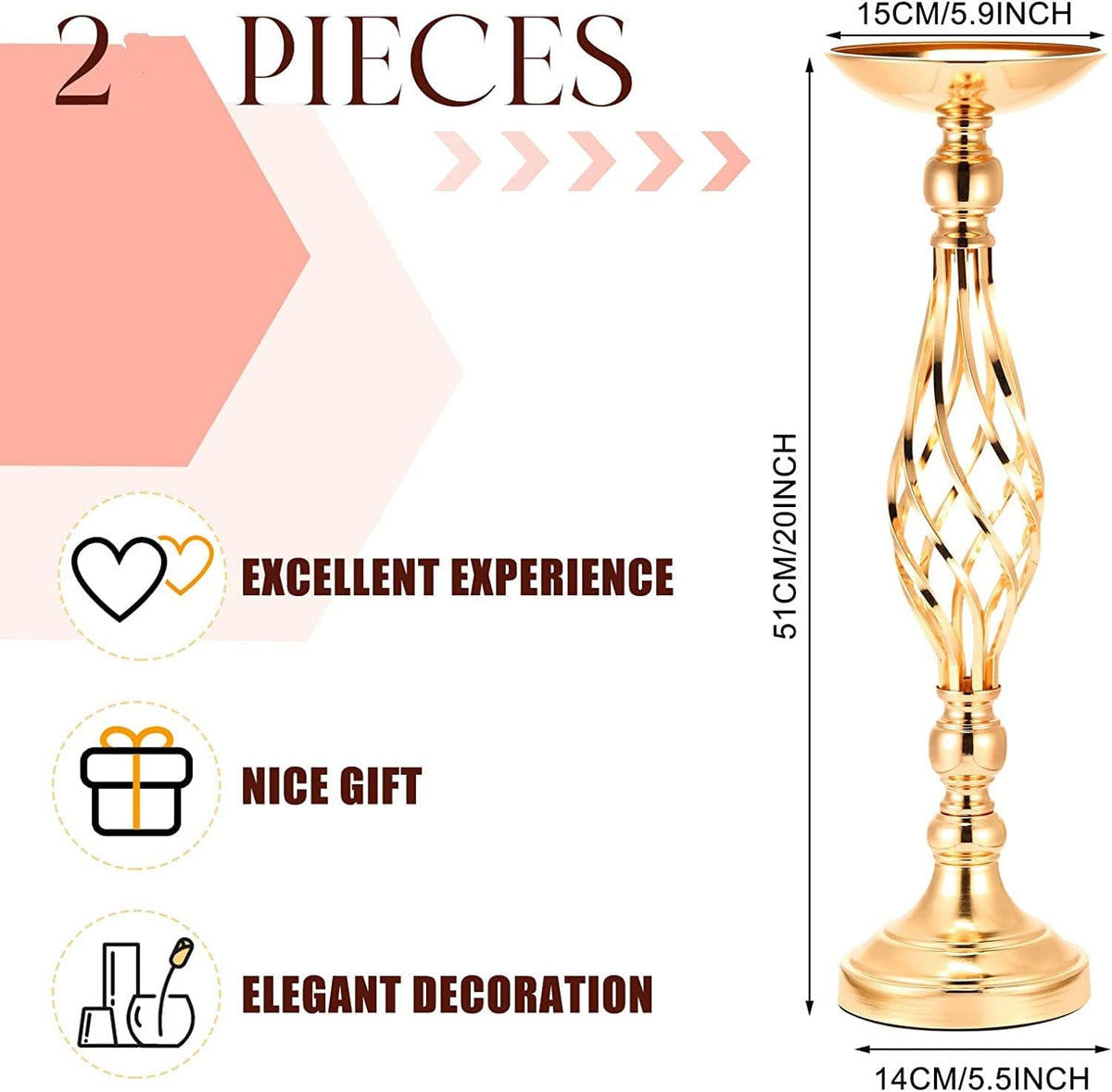 LANLONG 10pcs Metal Gold Candle Holders Road Lead Table Centerpiece Stand Pillar Candlestick for