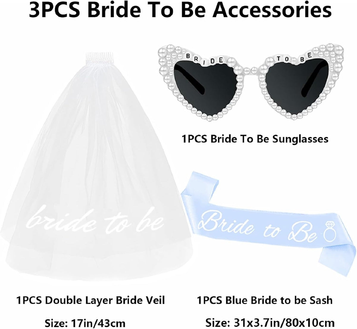 3PCS Bride To Be Veil White Print Bridal Veils Bride Sash and Pearl Sunglasses for Bachelorette