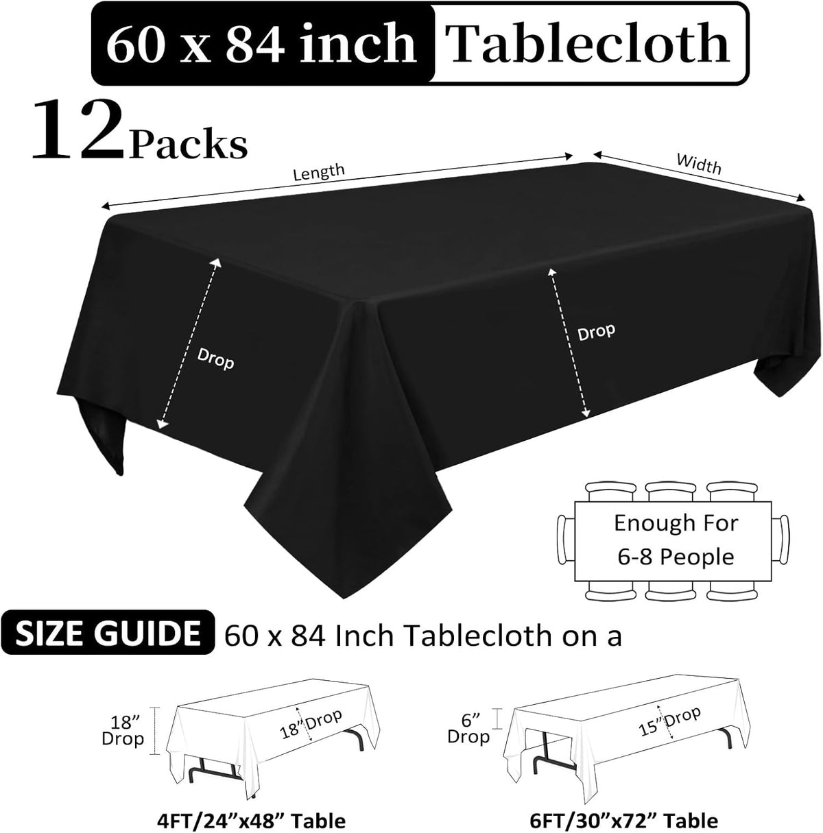 12 Pack Black Tablecloths 60 x 84 Inch Rectangular Table Cloths for Rectangle Tables 4ft, Wrinkle