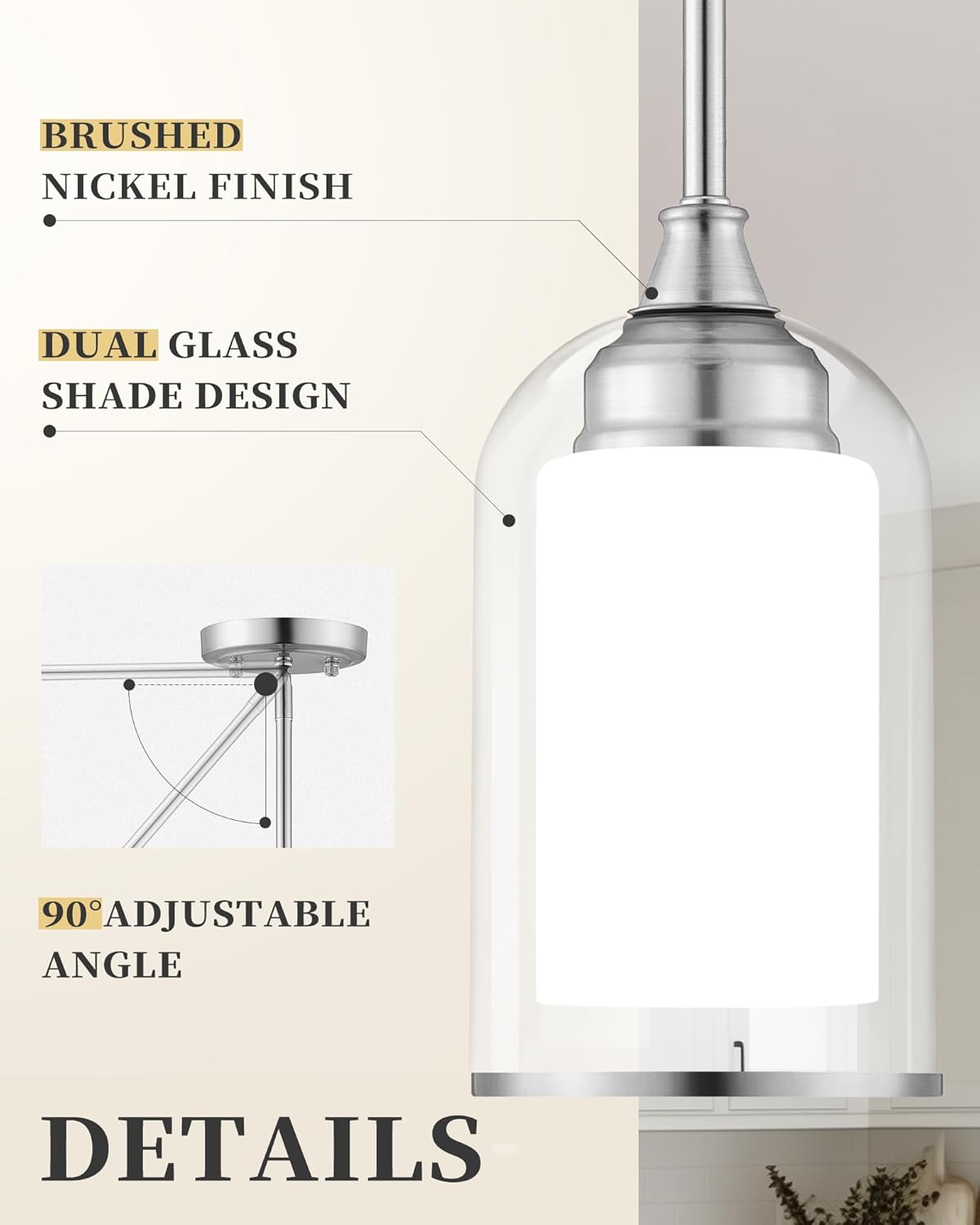 LIROUVET Modern Pendant Lights - Dual Glass Pendant Lights Kitchen Island, Brushed Nickel Hanging