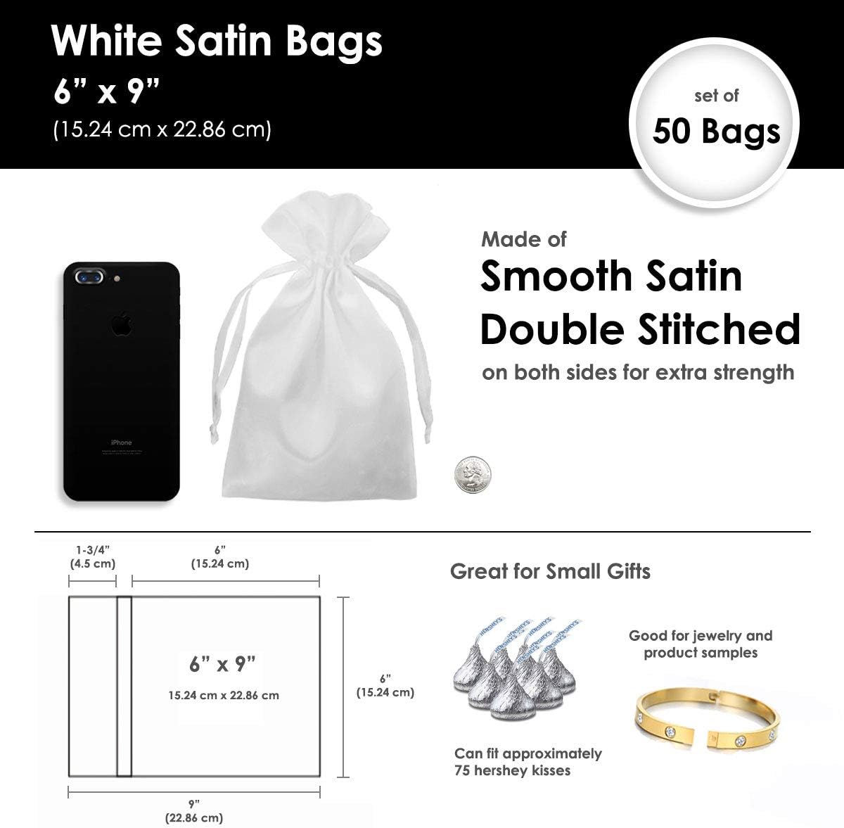 6" x 9" White Satin Gift Bags, Jewelry Bags, Wedding Favor Drawstring Bags Baby Shower Christmas