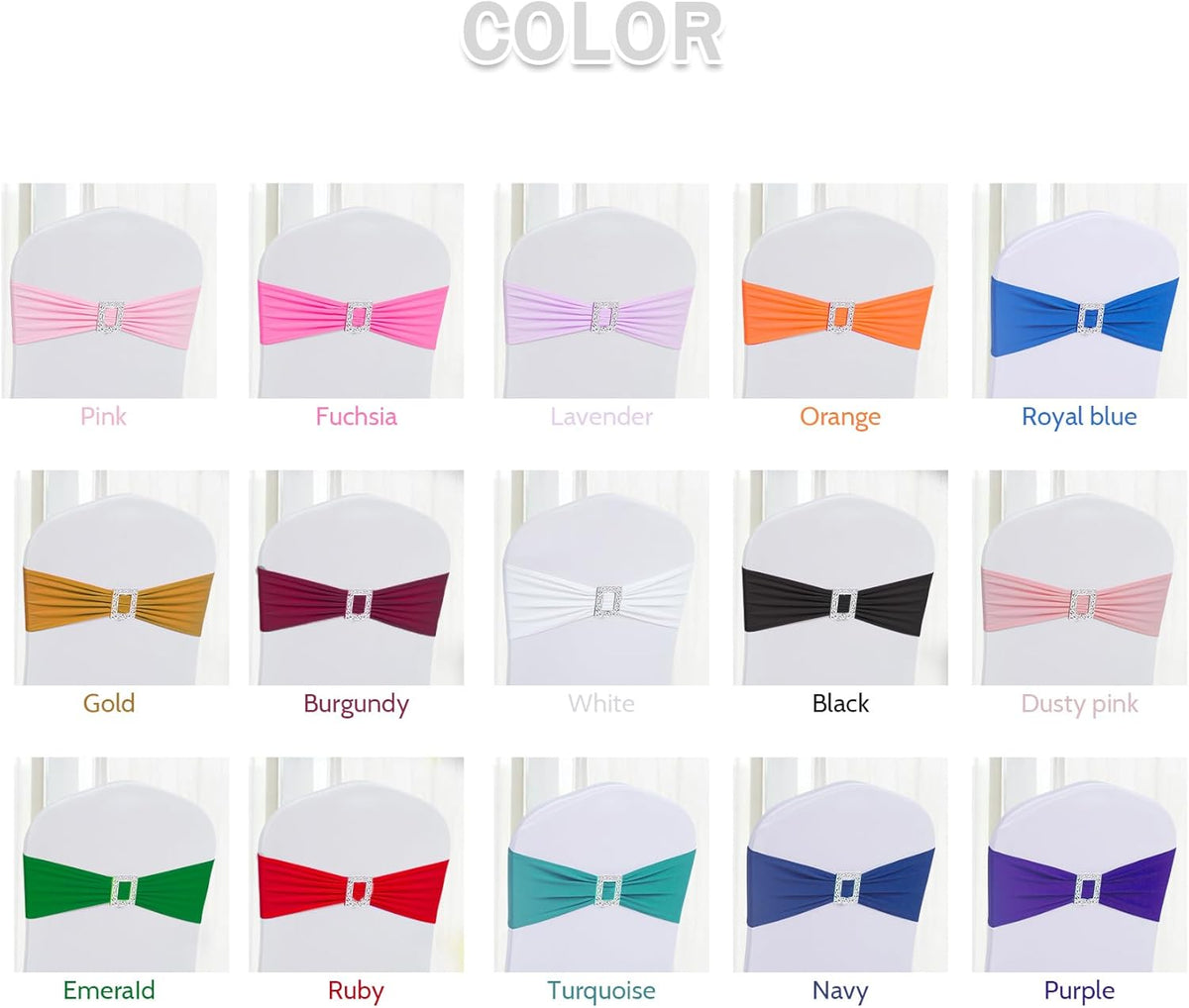 Joccun 120 PCS Spandex Chair Sashes Bows Stretch Chair Cover Band with Buckle Slider Universal