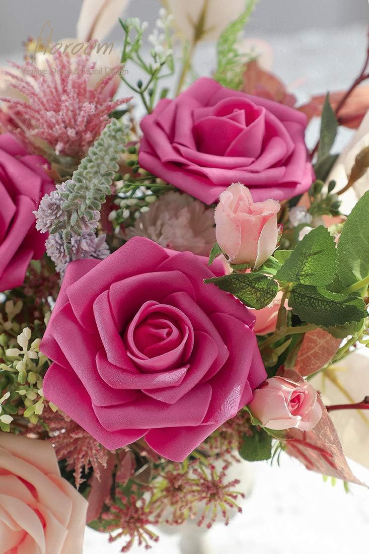 Floroom Artificial Flowers 50pcs Real Looking Hot Pink Foam Fake Roses with Stems for DIY Wedding