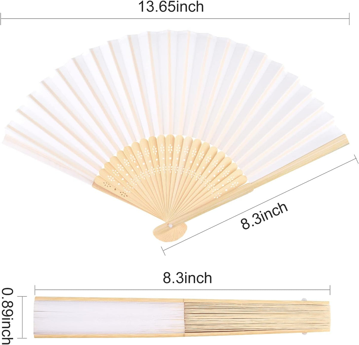 FEPITO 50 Pieces White Handheld Paper Fan Paper Folding Fans with Bamboos for Wedding Gift, Party