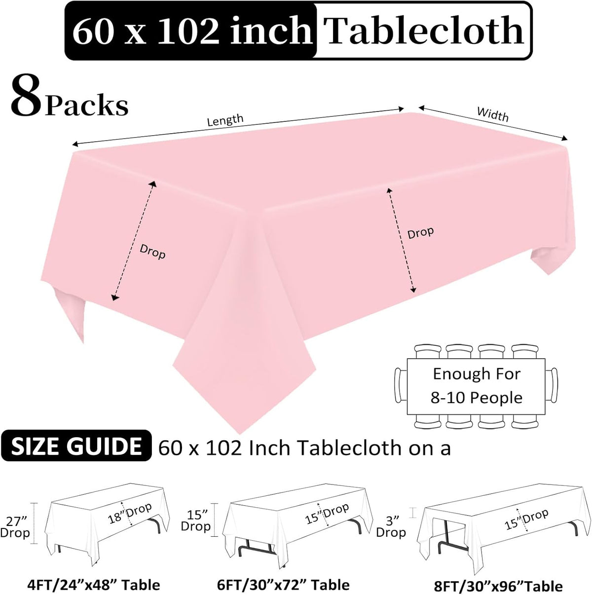 8 Pack Pink Tablecloth 60 x 102 Inch Rectangular Tablecloths for 6 Foot Rectangle Tables, Wrinkle