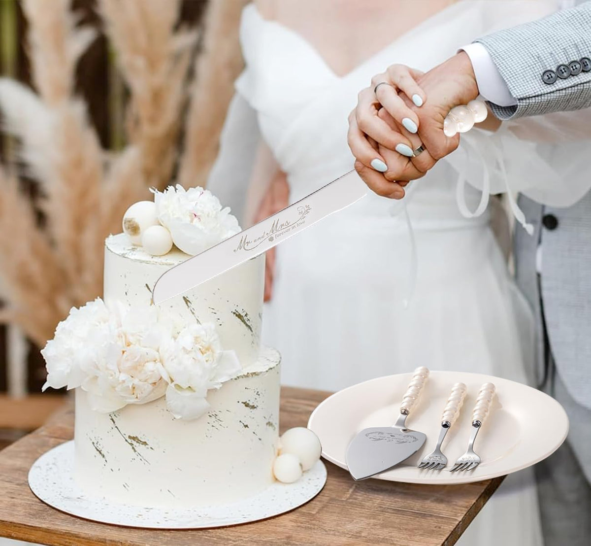 Wedding Cake Knife and Server Set, Ceramic Pearl Handle Cake Cutting Set for Wedding Gifts Bridal