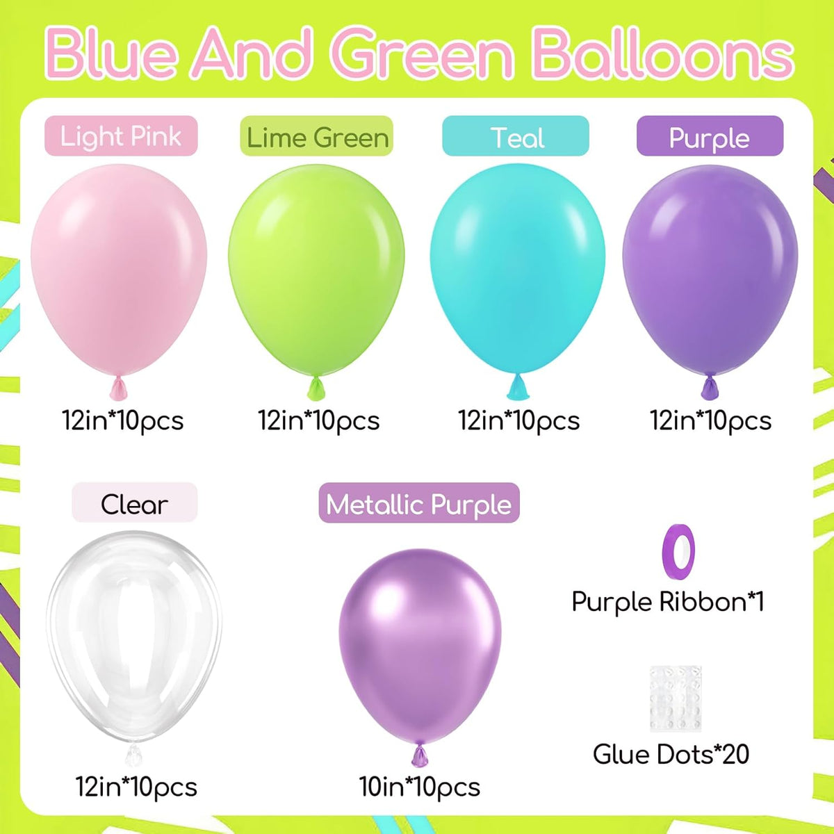 60pcs Blue and Green Balloons 12inch with Metallic Purple Lime Green Teal Light Pink Clear Balloons