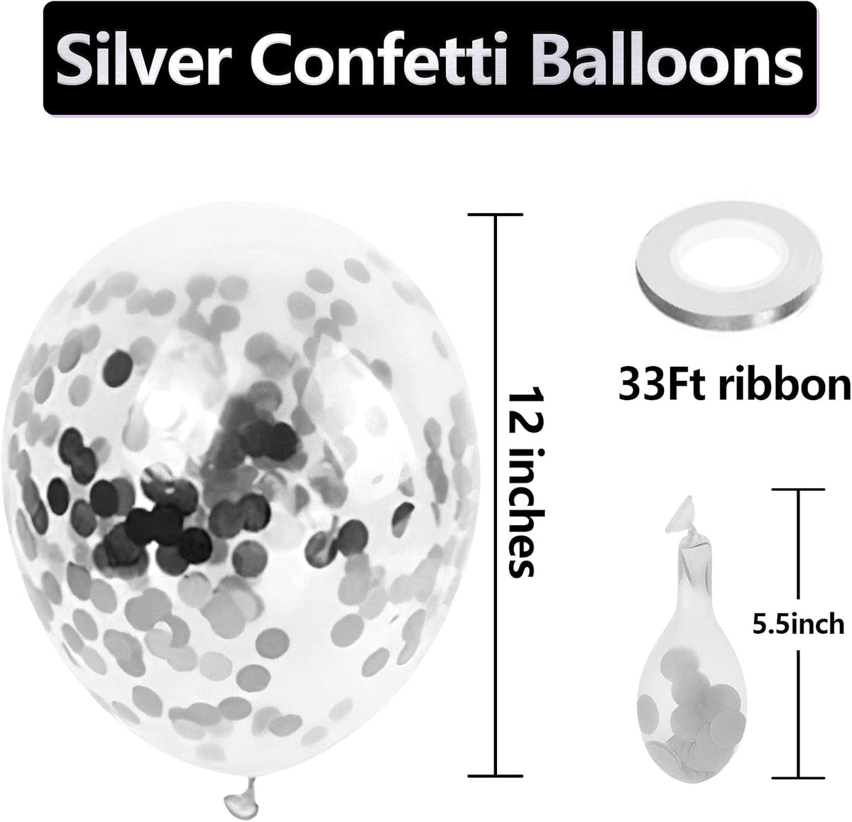 Bezente Silver Confetti Latex Party Balloons - 60 Pack 12 inch Helium Silver Confetti Glitter
