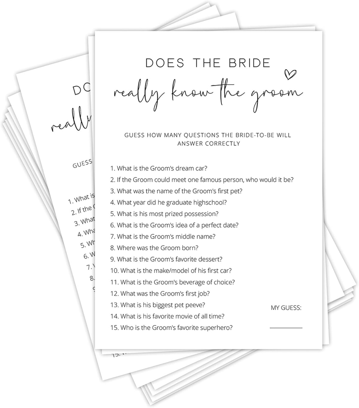 Bridal Shower Games, Does the Bride Really Know the Groom, 25Pcs Minimalist White Double-Sided