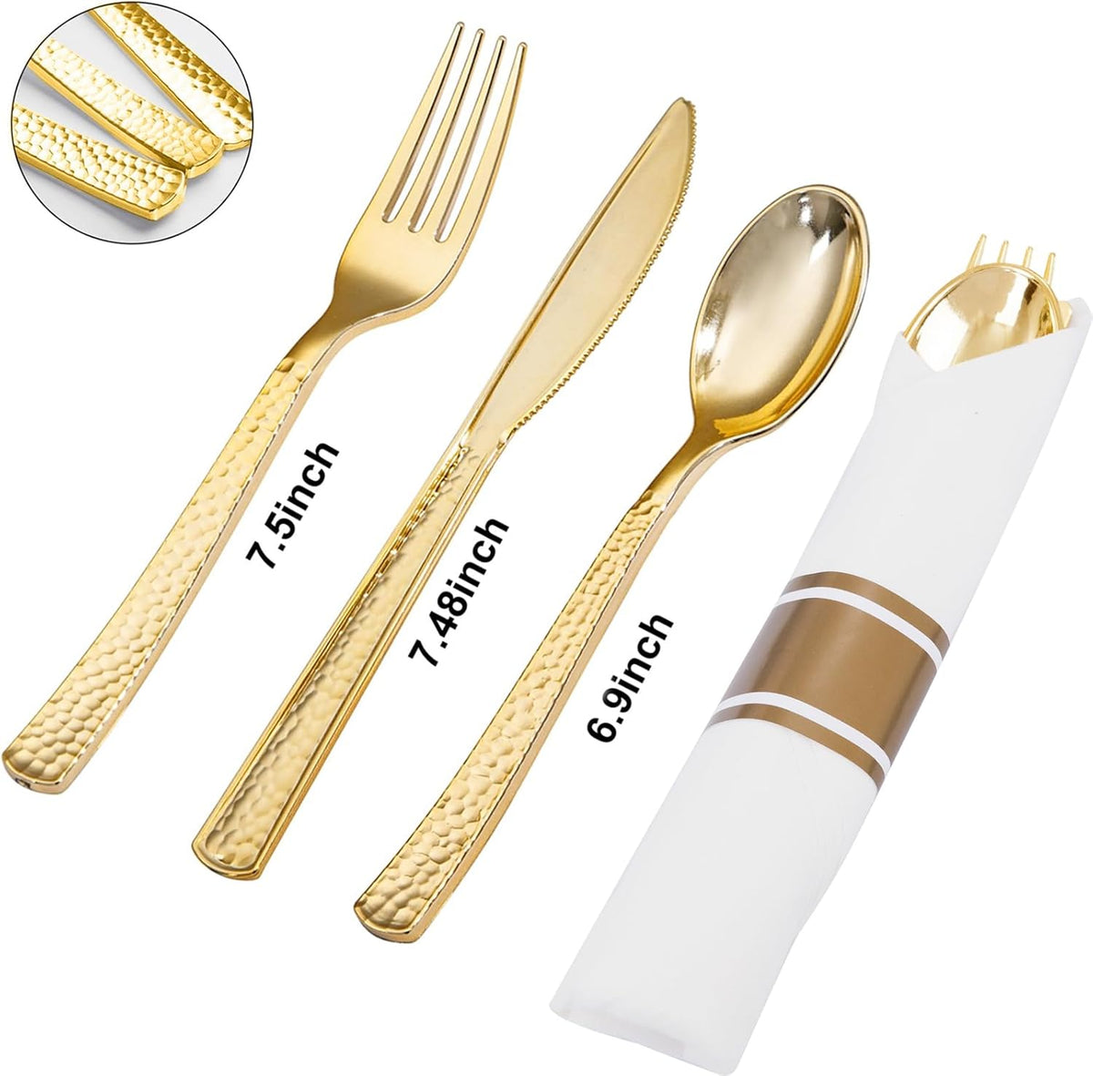 400PCS Pre Rolled Gold Plastic Silverware Sets - Heavy Duty Hammered Gold Cutlery Include 100 Pack