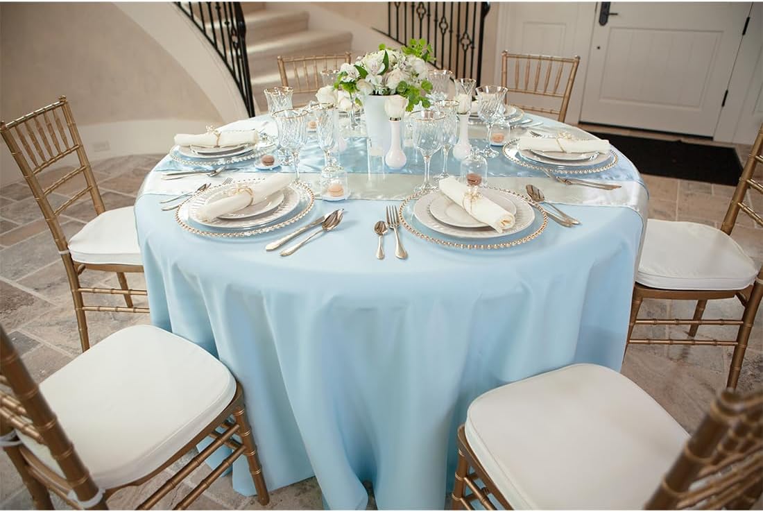 LTC LINENS Baby Blue Tablecloth 120 in Round for 60 Inch Circular Table - Washable, Wrinkle