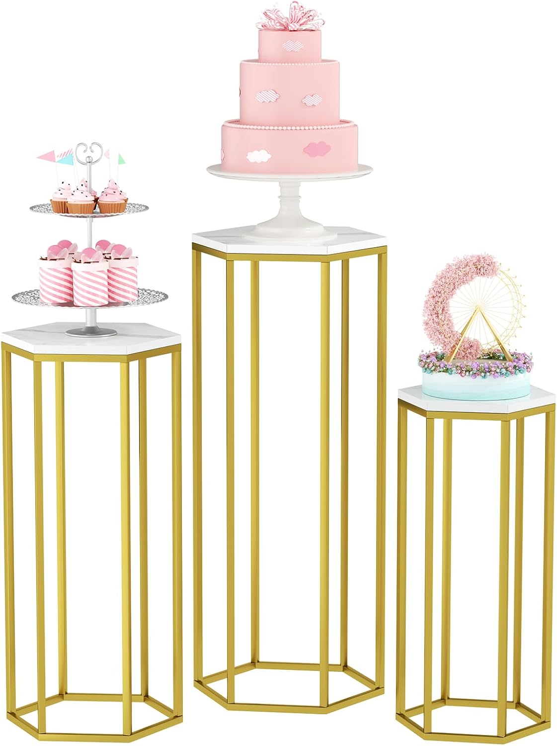 Urban Deco Cylinder Stands for Party, Set of 3 Gold Metal Hexagon Cake Pedestal Stand with Marbled