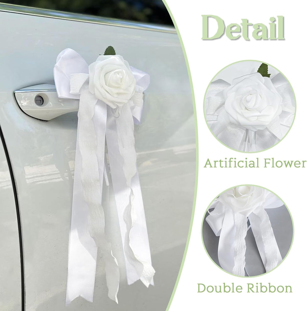6PCS Wedding Car Door Handle Flowers, White Artificial Cars Rearview Mirror Bouquet Flower Bowknot