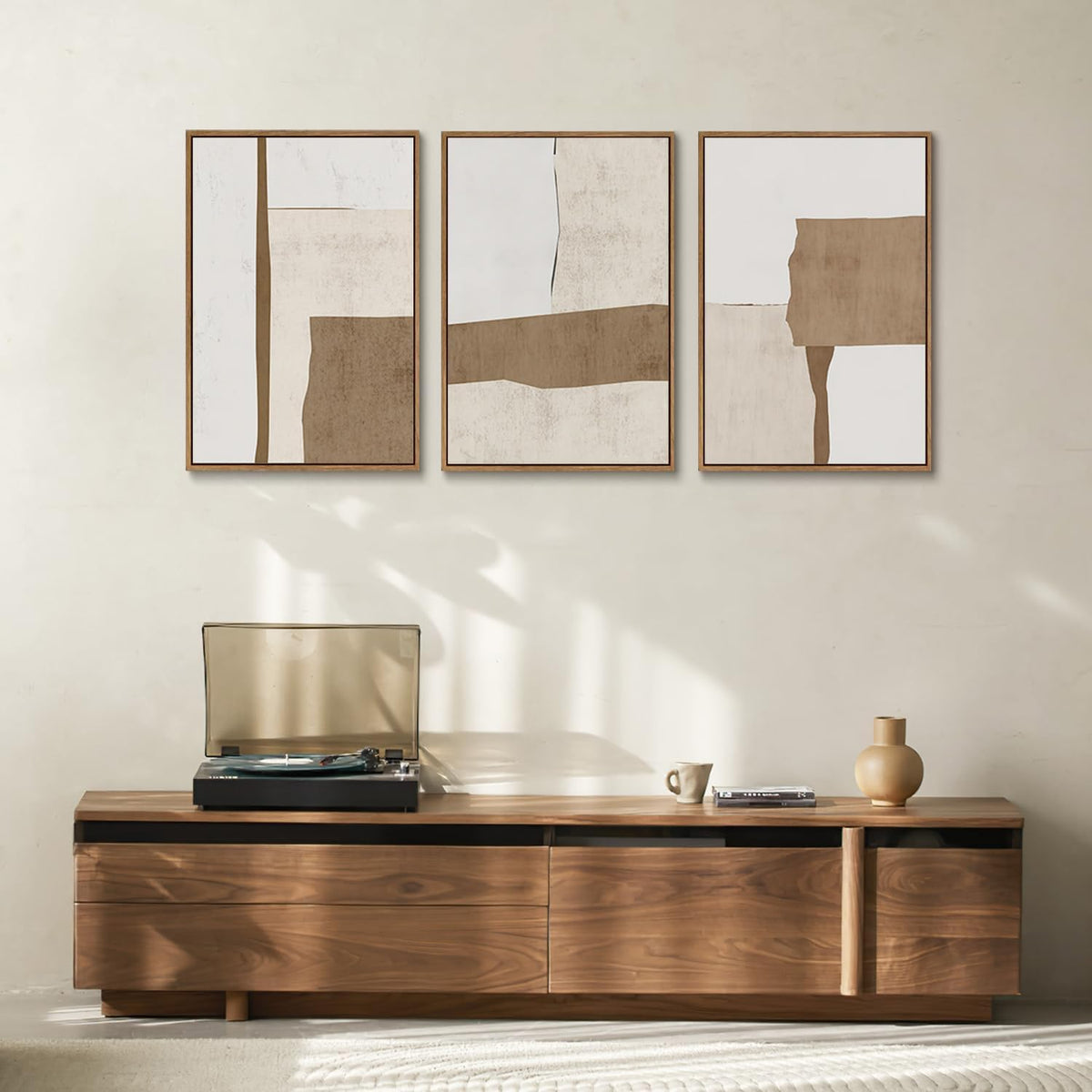 myusuar 3 Piece Large Modern Abstract Canvas Framed Wall Art For Living Room, Brown And Beige Block