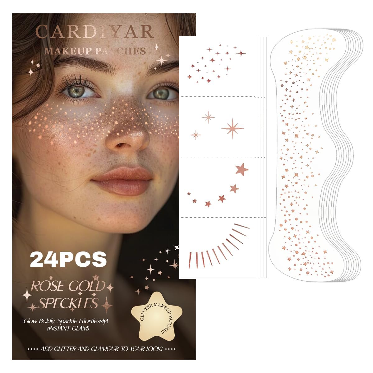 Glitter Freckles Face Tattoo - 24PCS Waterproof Gold Temporary Sparkle Patches for Women, Makeup