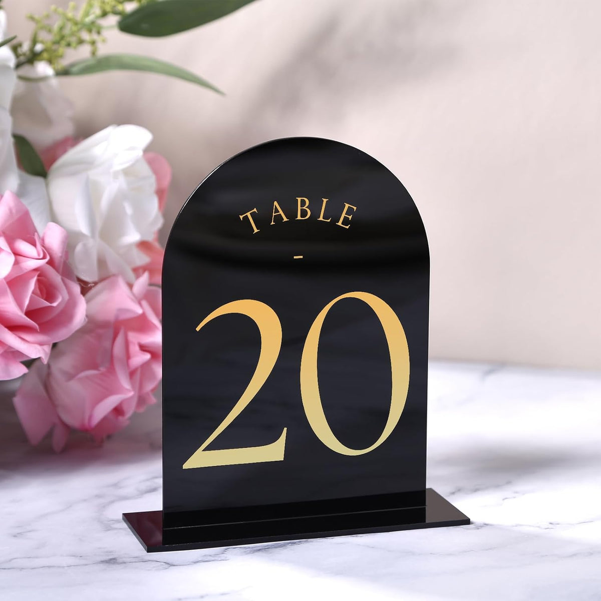 UNIQOOO Black Arch Wedding Table Numbers with Stands 1-20, Gold Foil Printed 5x7 Double Sided
