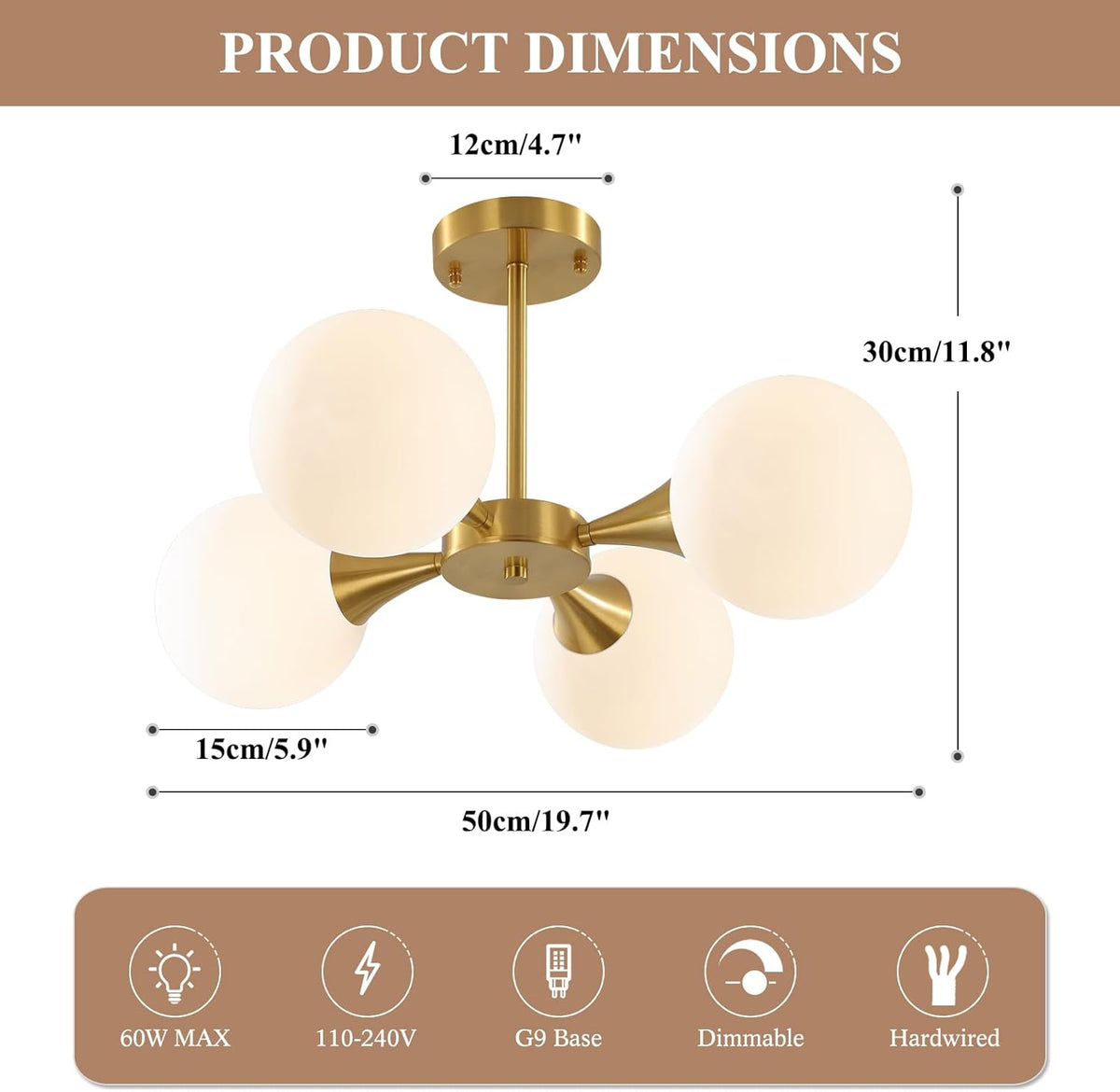 KCO Lighting Modern Globe Ceiling Light Gold Semi Flush Mount Sputnik Chandelier Mid Century