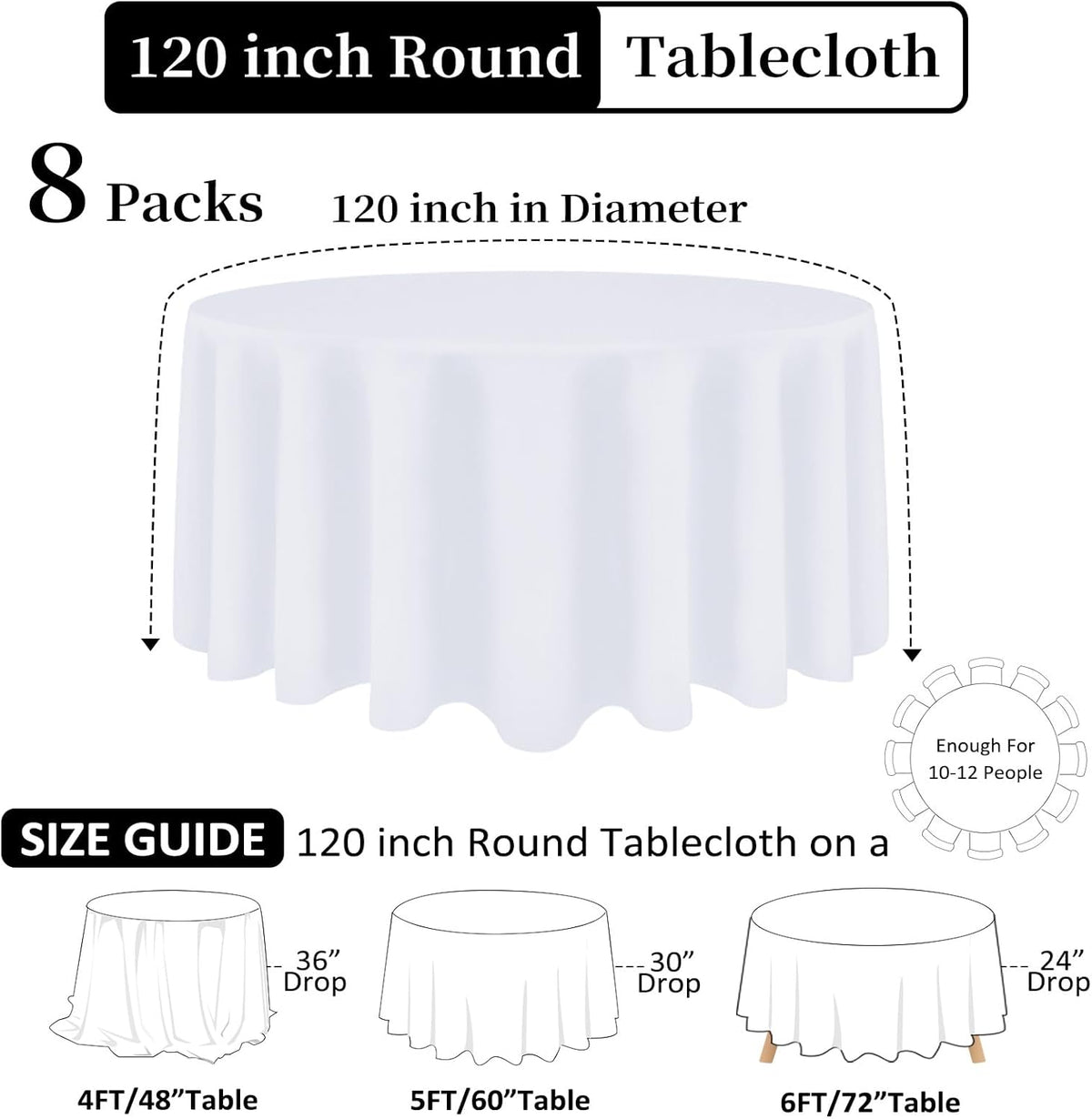 8 Pack White Round Tablecloth 120 Inch White Table Cloth Stain and Wrinkle Resistant Round White